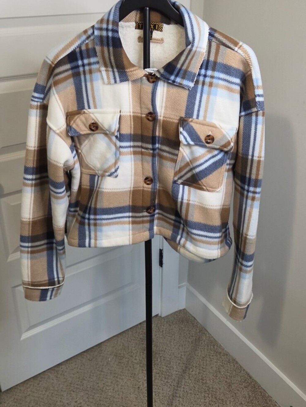 Womens Taxi Plaid Button-Up Crop Shacket with Sherpa Lining sz XL